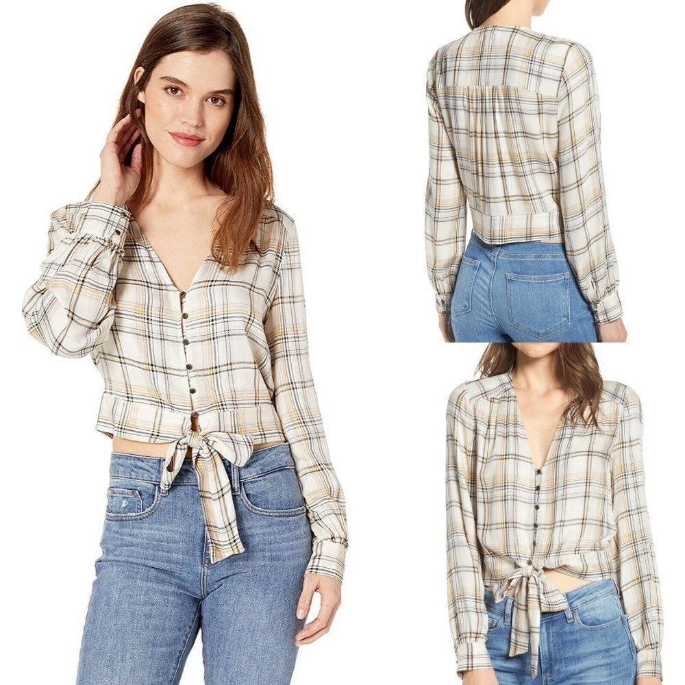 Paige Alynna Plaid Tie Front Shirt V-Neck Large